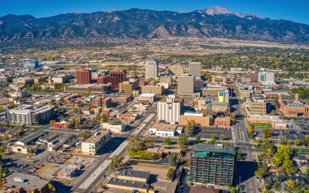 Colorado Springs spread out with Pikes Peak in the background